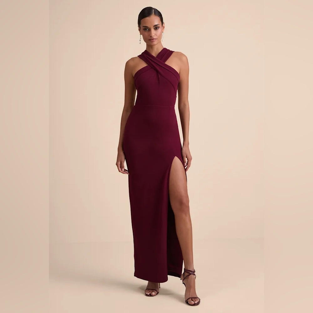 Lulus Head to Cocktail Hour Burgundy Halter Neck Maxi Dress